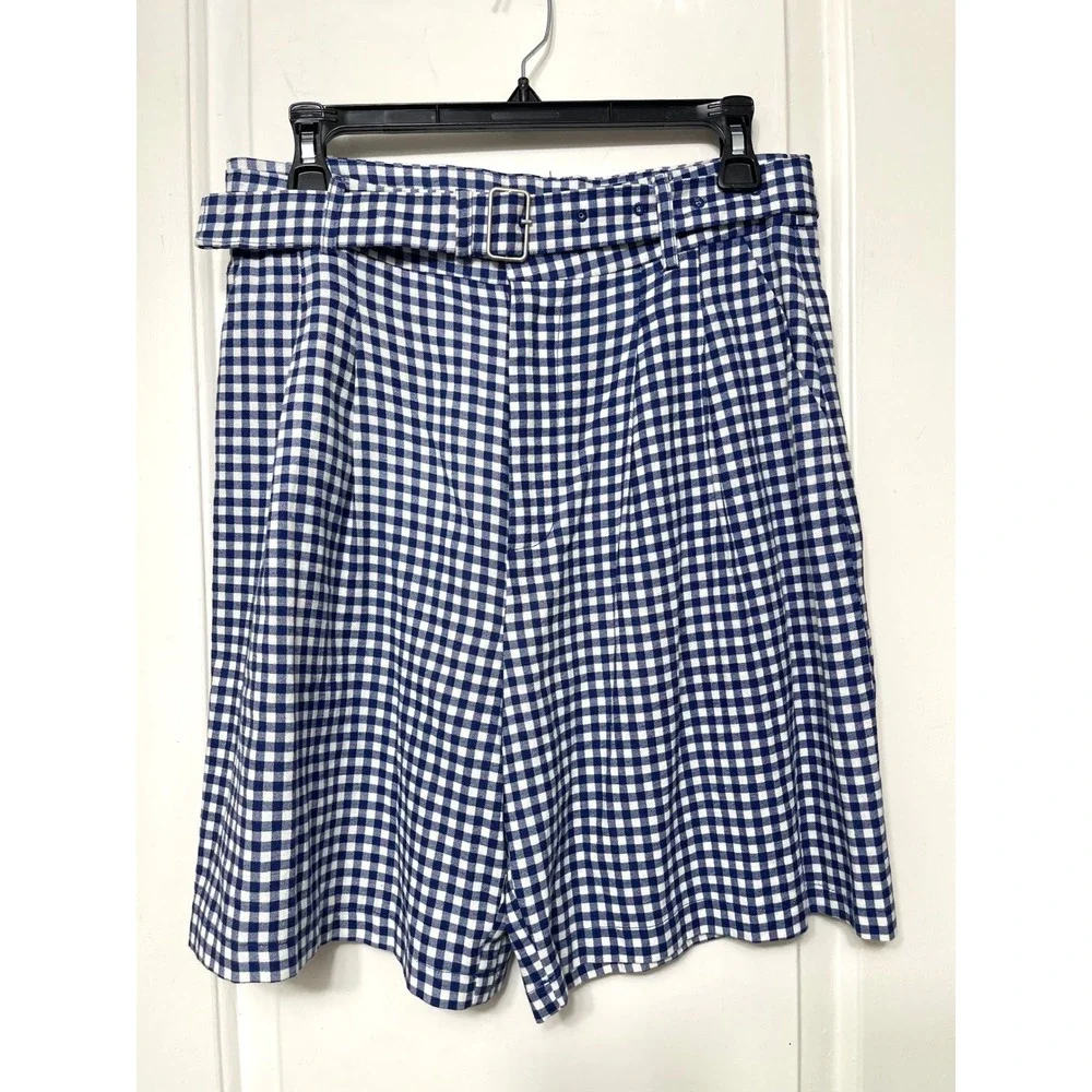 New Avec Les Filles Gingham‎ Linen Blend Belted Shorts Navy Blue White Size 8